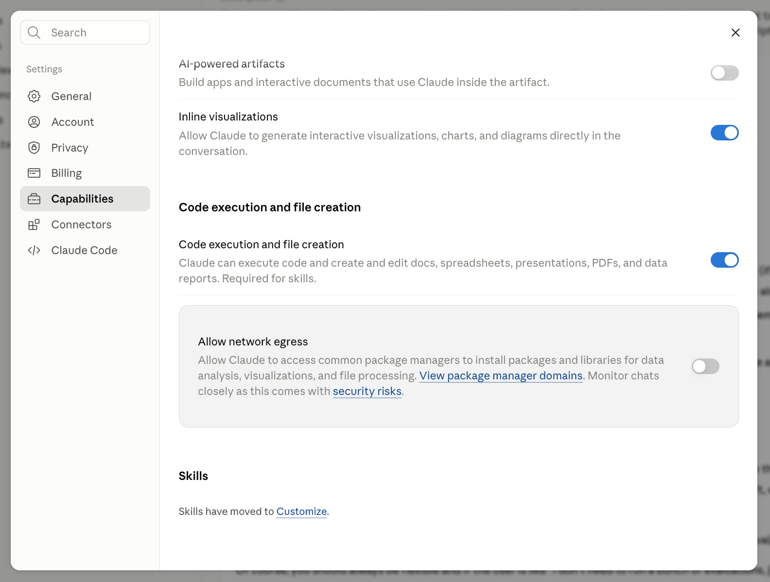 Claude Settings, Capabilities tab. The "Code execution and file creation" toggle is switched on, described as: Claude can execute code and create and edit docs, spreadshe