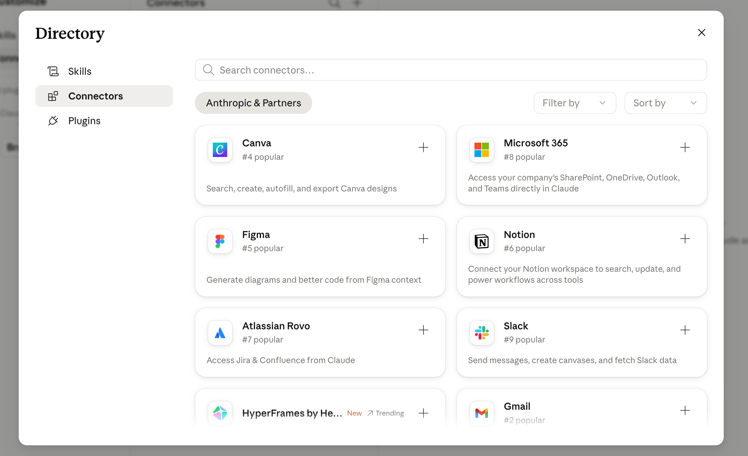 The Connectors Directory in Claude, opened from the Browse connectors menu. Tabs for Skills, Connectors, and Plugins, an "Anthropic & Partners" filter, and a search b