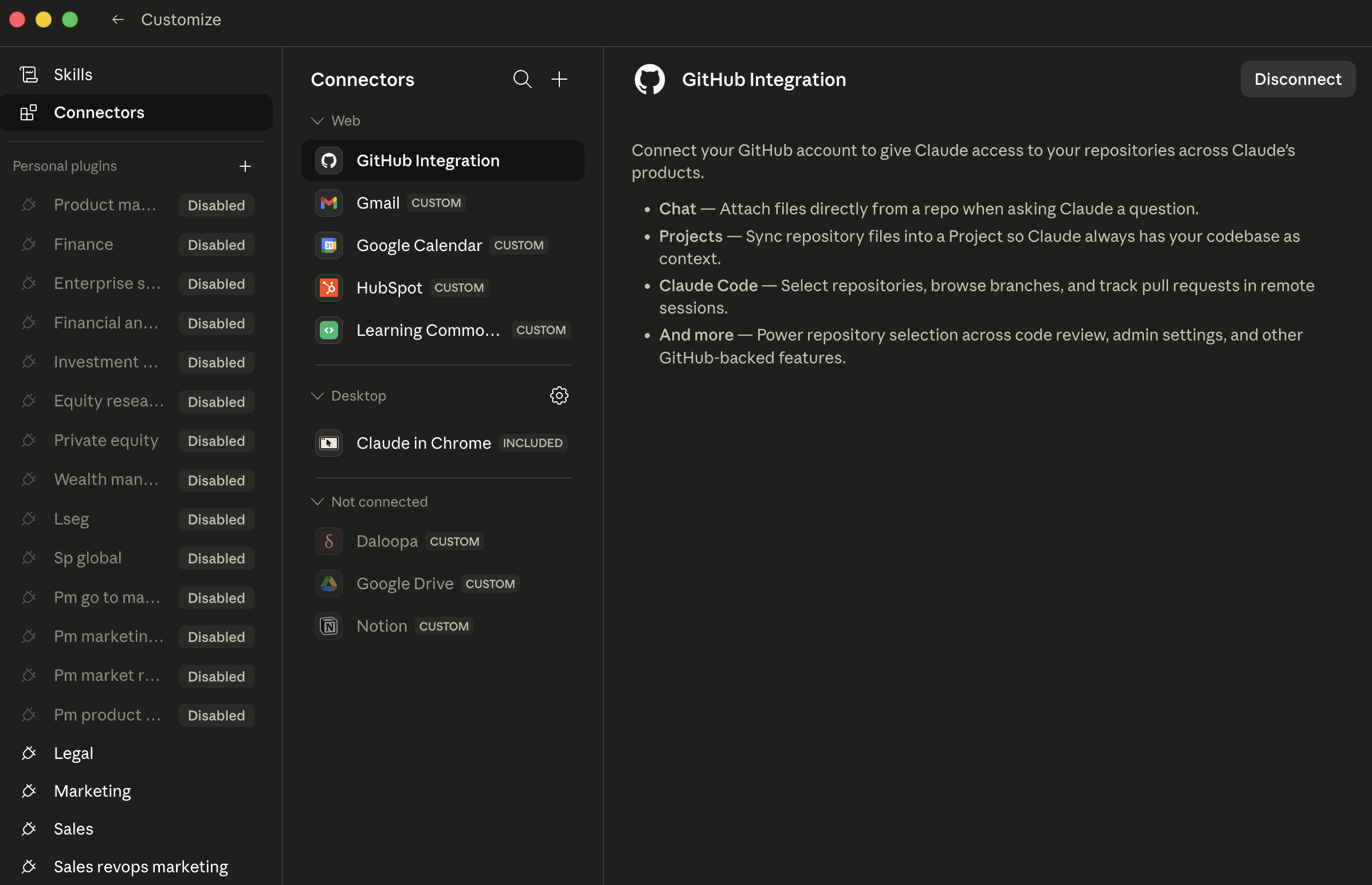 Cowork's Customize → Connectors page. Left sidebar: Skills / Connectors (selected) / Personal plugins (Product ma..., Finance, Enterprise s..., Financial al..., Investment r...
