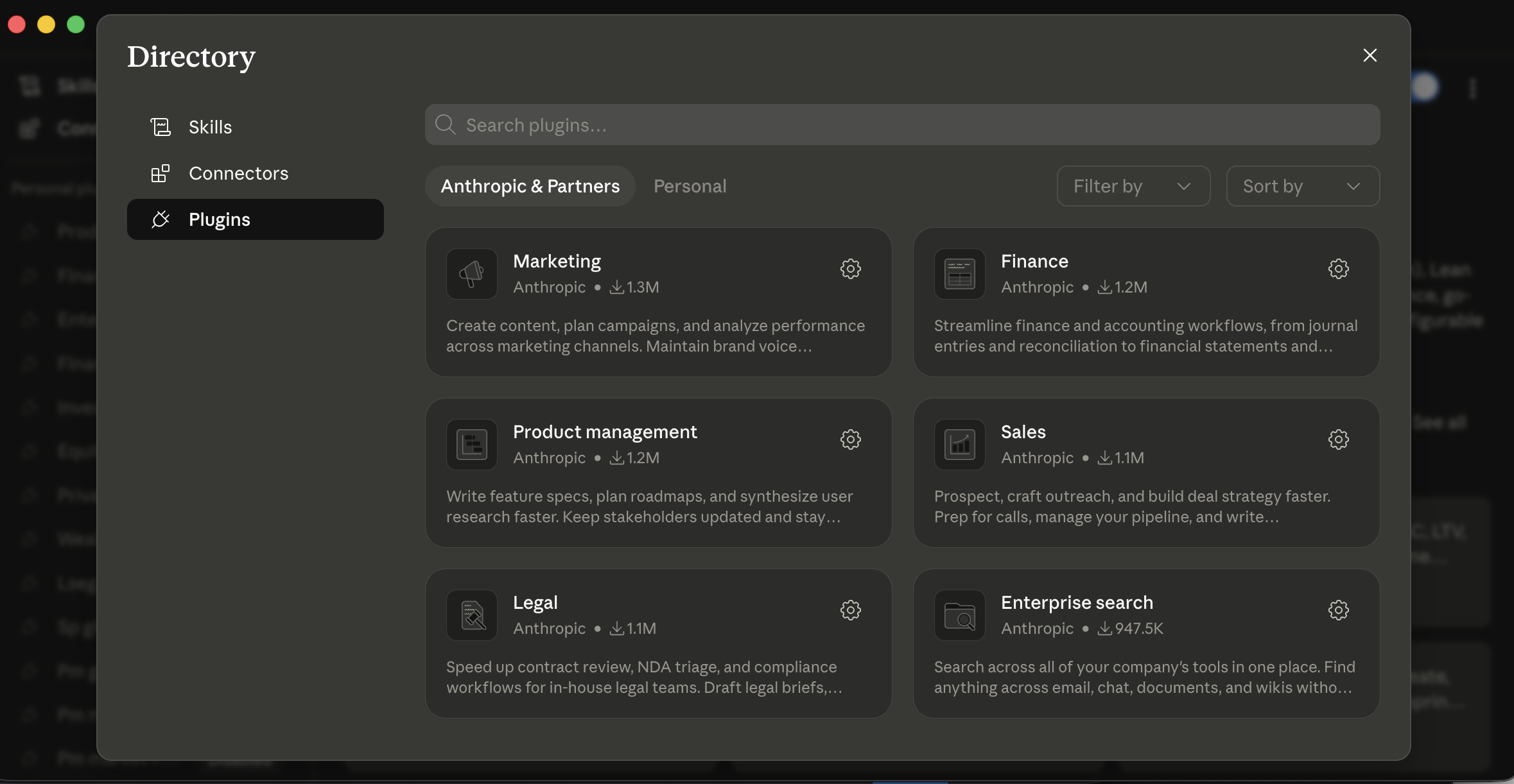 Cowork's Plugins Directory modal. Left sidebar: Skills / Connectors / Plugins (selected). Top: search bar "Search plugins..." with tabs "Anthropic & Partners
