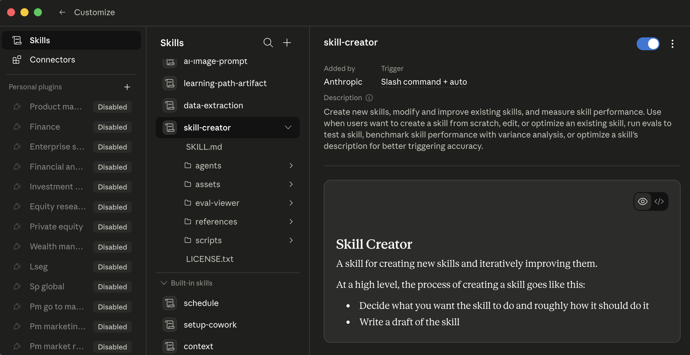 Cowork's Customize → Skills view, three columns. Left sidebar: Skills (selected) / Connectors / Personal plugins (Product ma..., Finance, Enterprise s..., Financial al..., Inve