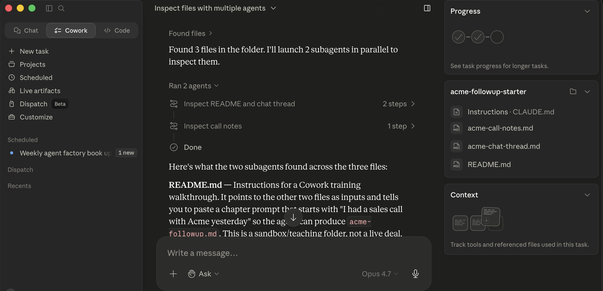 Cowork session titled "Inspect files with multiple agents." Main pane: agent message "Found 3 files in the folder. I'll launch 2 subagents in parallel to inspect
