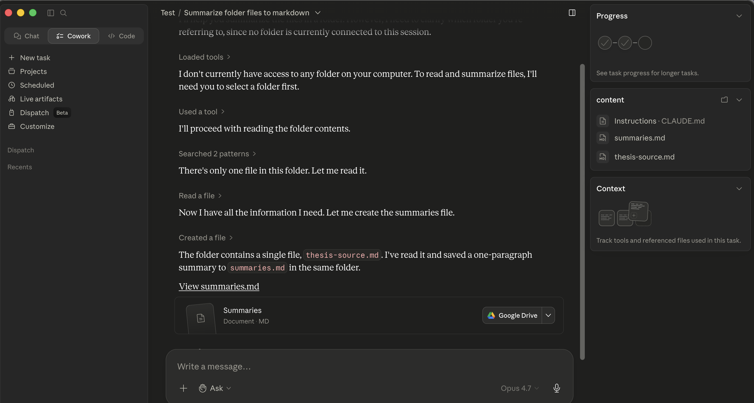 Cowork narrating a real task end-to-end. The conversation shows each step as its own message: "Loaded tools" with a chevron, "Used a tool: I'll proceed with read