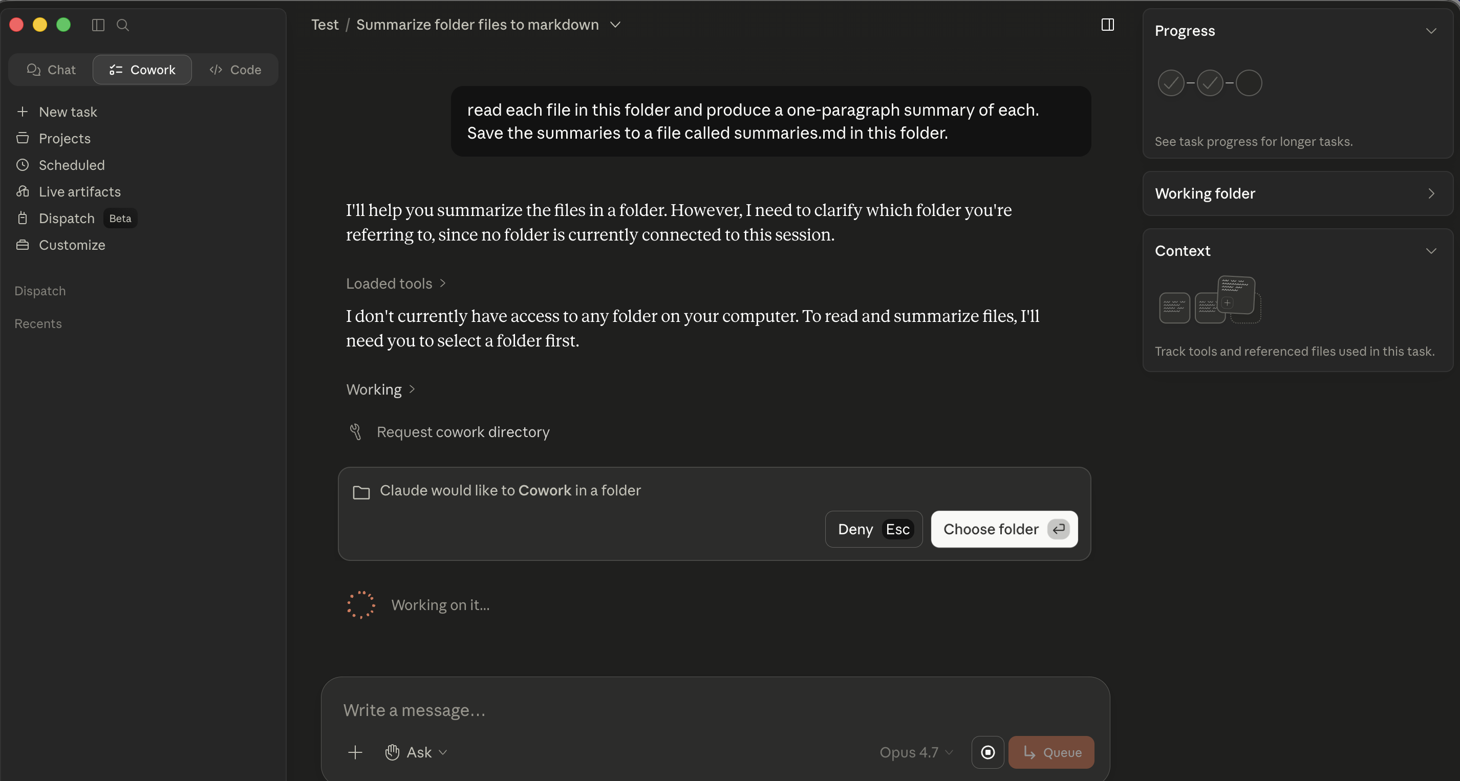 Cowork's inline
![Cowork's inline folder-permission gate inside an active task: the user asked Cowork to read files from a folder; the agent replied "I'll help you summarize the files i