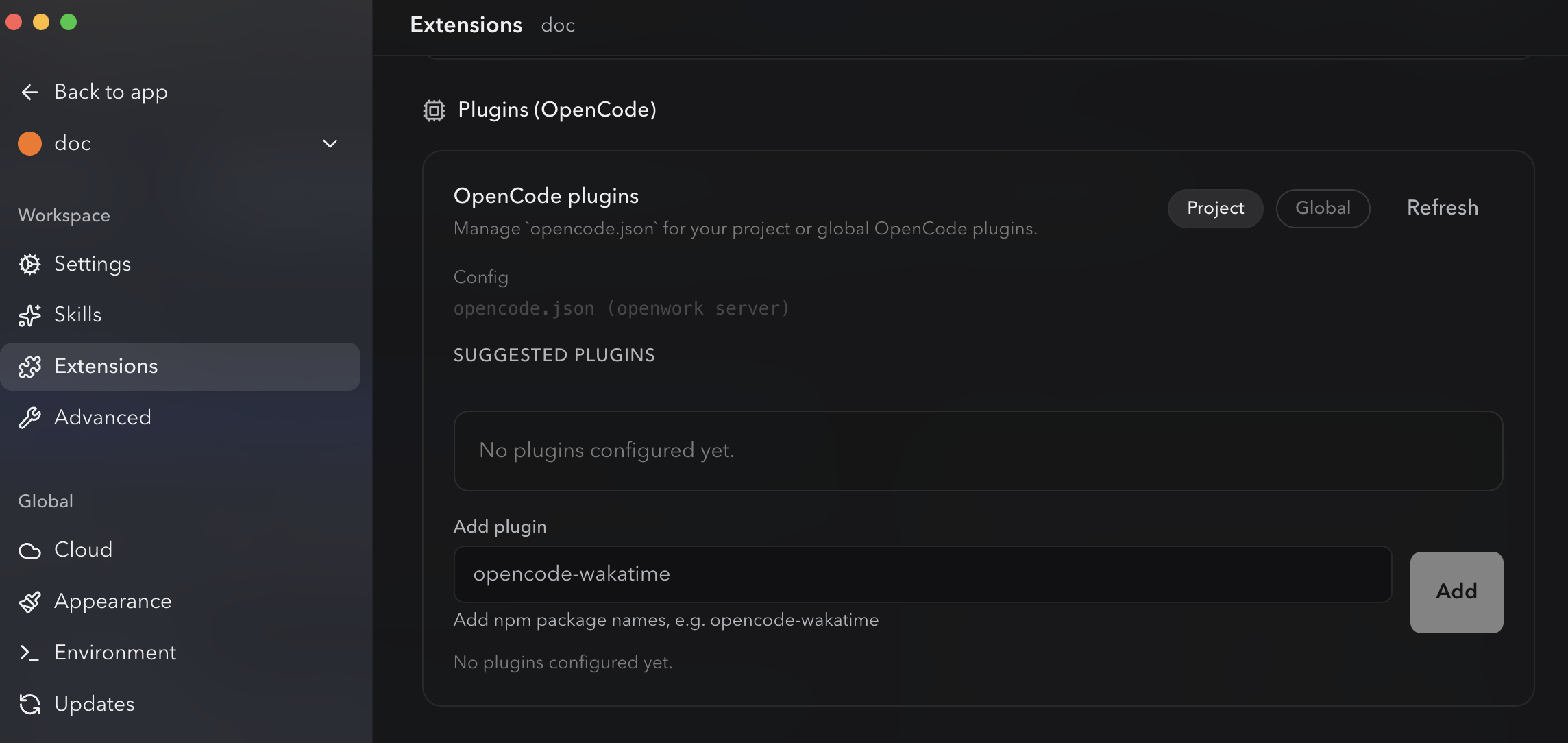 OpenWork's Settings → Extensions → Plugins (OpenCode) section. Left sidebar: Workspace (Settings / Skills / Extensions selected / Advanced) and Global (Cloud / Appearance / Env