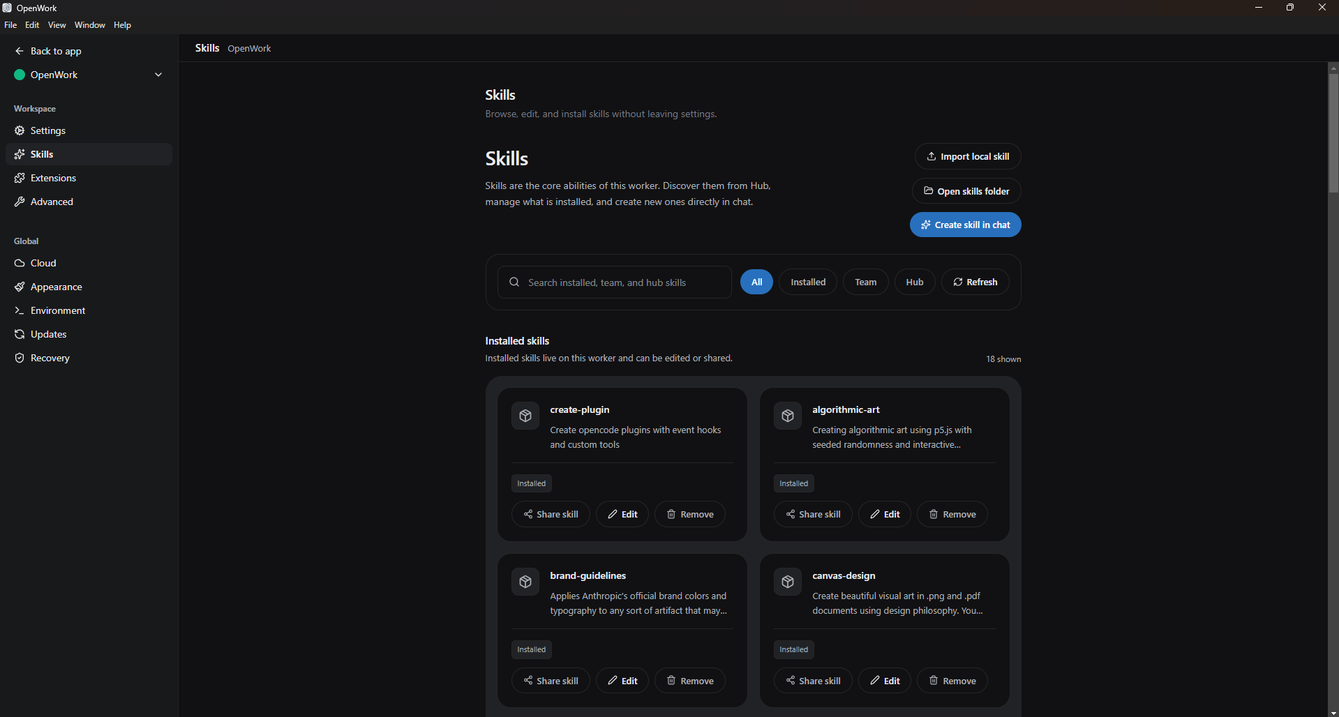 OpenWork's Skills settings page. Left sidebar has Workspace section (Settings / Skills selected / Extensions / Advanced) and a Global section (Cloud / Appearance / Environment