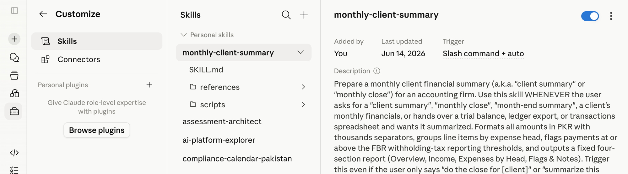 Claude's Customize then Skills list after saving. Under Personal skills, monthly-client-summary now appears, expanded to show its SKILL.md, references, and scripts, and it is t