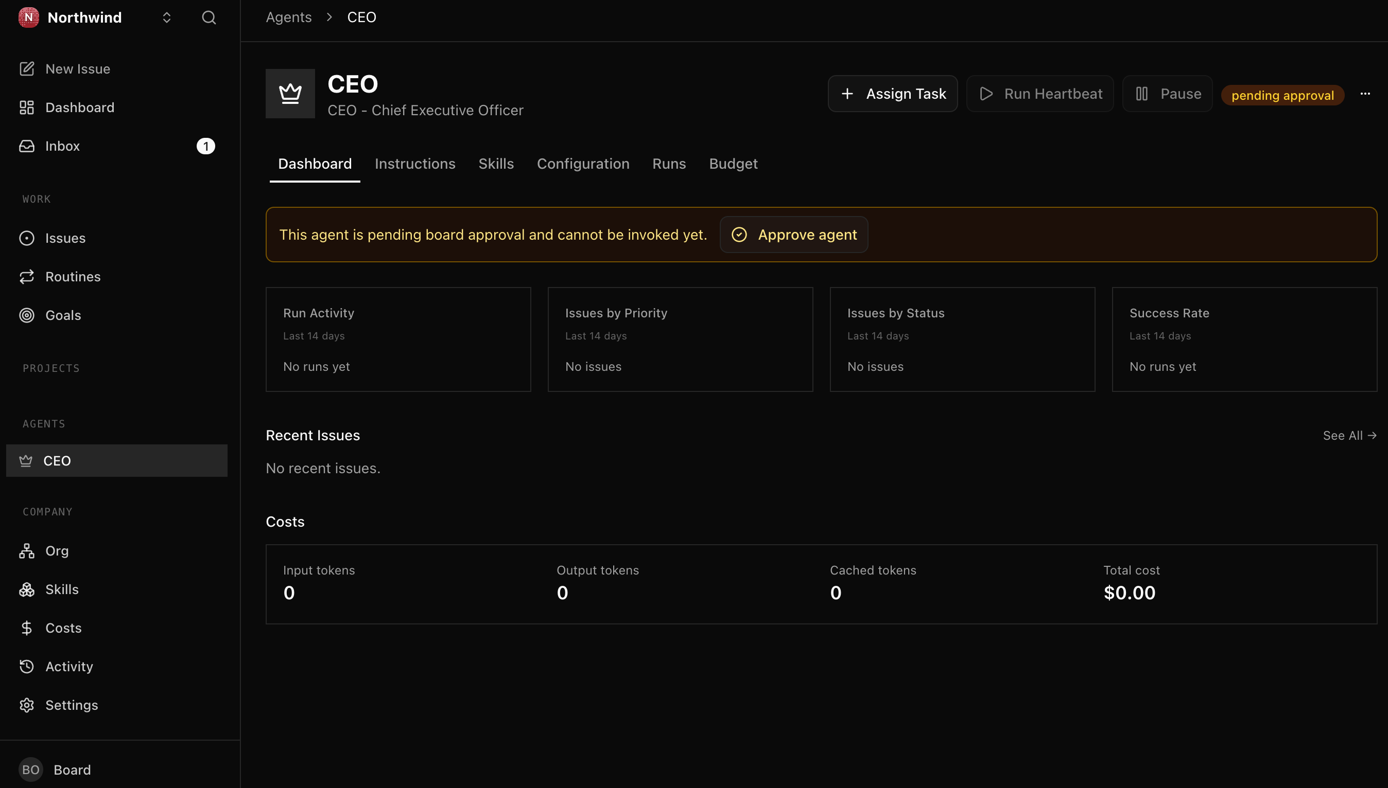 The CEO agent page with a 'pending approval' badge next to the name and a banner that reads 'This agent is pending board approval and cannot be invoked yet,' alongside an 'Approve