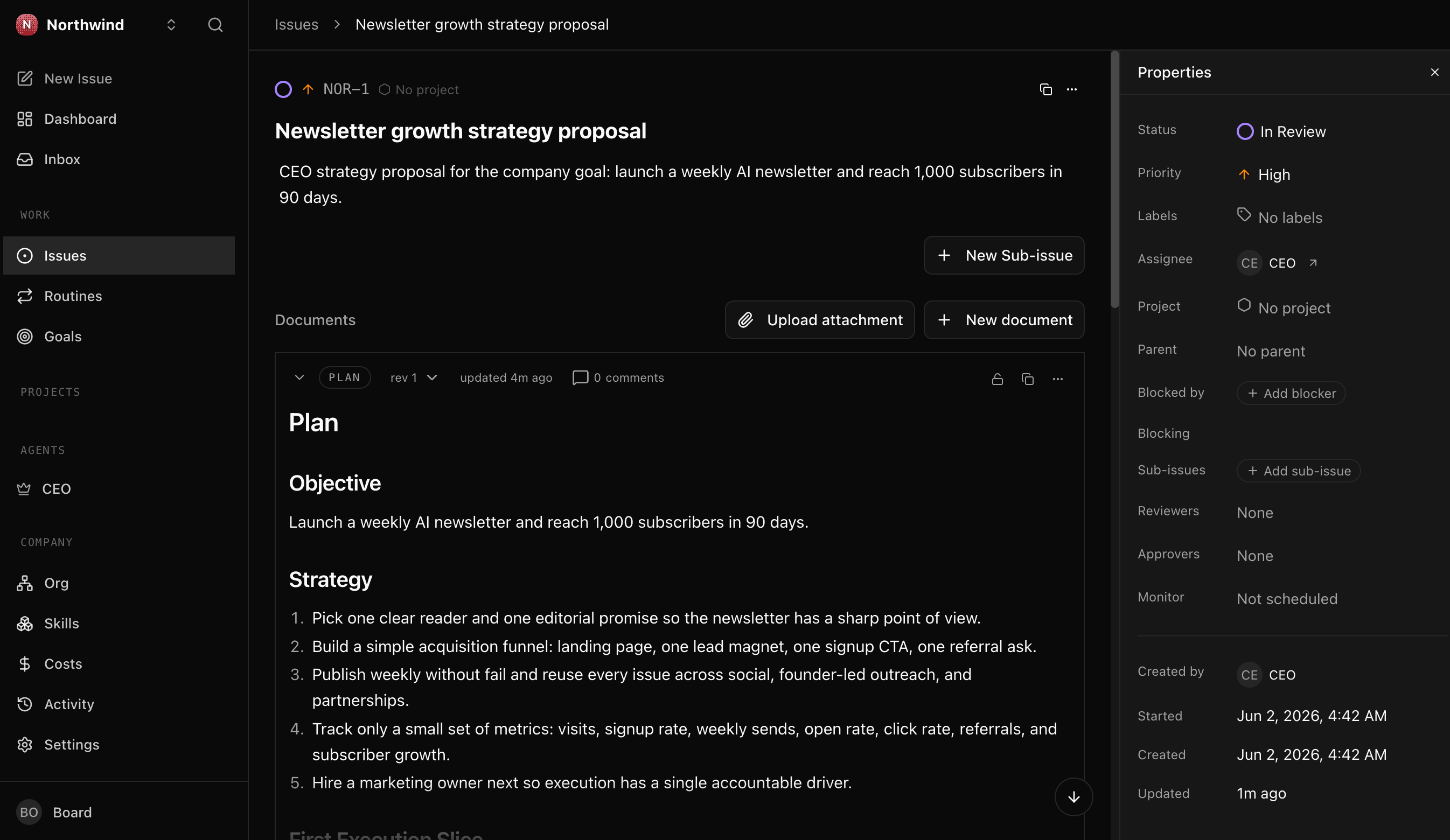 The NOR-1 'Newsletter growth strategy proposal' issue open in Paperclip, status In Review, assignee CEO. The Plan document shows an Objective (launch a weekly AI newsletter and rea